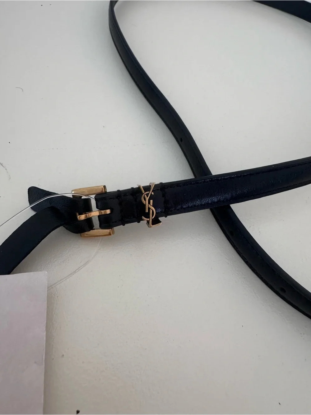 Saint Laurent Black Leather Logo Skinny Belt with Gold Hardware